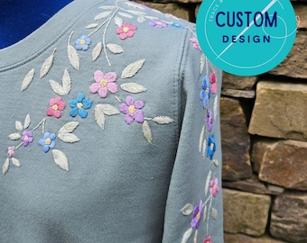 Hand Embroidered Floral Sweater: Custom Neckline, Made to Order