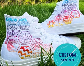 Hand Embroidered Converse High-Tops, Sunset Hexagon Design