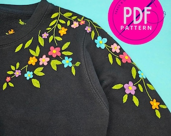 Floral Neckline Embroidery PDF pattern. Sweater Embroidery with multiple colourways.