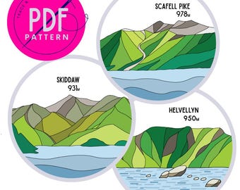 Mountain Embroidery PDF Pattern. Lake District Embroidery Bundle. Scafell Pike, Skiddaw & Helvellyn. Beginner Friendly