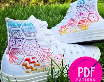 Hand Embroidered Converse High-tops, PDF Embroidery Sewing Pattern. Sunset Hexagons, digital download, embroidery design.