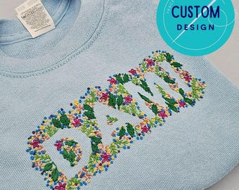 Hand Embroidered Wildflower Monogram Sweater, Custom Kids or Adults