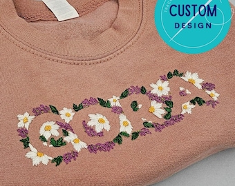 Hand Embroidered Monogrammed Sweater, Daisies and Lavender, Custom Made