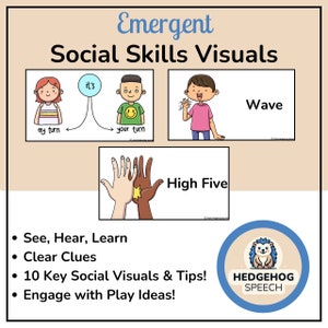 Könnte beinhalten: Ein Satz sozialer Kompetenzbilder für Kinder. Die Bilder zeigen Kinder, die sich abwechseln, winken, sich gegenseitig „High Five“ geben und andere soziale Interaktionen. Der Text "See, Hear, Learn", "Clear Clues", "10 Key Social Visuals & Tips!" und "Engage with Play Ideas!" ist ebenfalls enthalten. Die Bilder sollen Kindern helfen, wichtige soziale Kompetenzen zu lernen und zu üben.