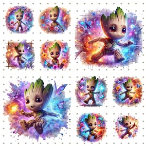 Puede incluir: Una colección de coloridas impresiones de arte digital que presentan un personaje de dibujos animados que se asemeja a una criatura arbórea. El personaje se representa en varias poses, rodeado de flores, mariposas y fondos vibrantes.