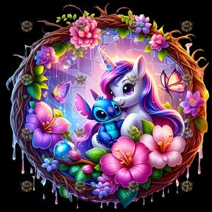 May include: A whimsical illustration featuring a unicorn and a blue alien-like creature embraced within a floral wreath. The unicorn has a purple and pink mane and a rainbow horn. The wreath is adorned with pink, purple, and blue flowers and butterflies.