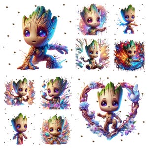 以下が含まれることがあります： 木のようなキャラクター、Grootをフィーチャーしたデジタルアートのコレクション。各画像は、さまざまなポーズと環境でGrootを表示し、鮮やかな色と幻想的な要素を備えています。アートワークには、詳細なテクスチャと表現力豊かな目が含まれています。