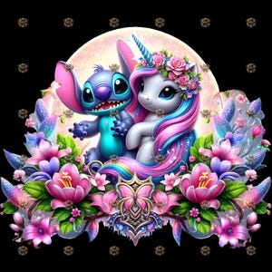 May include: A whimsical illustration featuring a blue alien-like character and a unicorn with a floral crown, set against a full moon. The image is surrounded by vibrant pink and purple flowers, butterflies, and decorative elements on a black background.