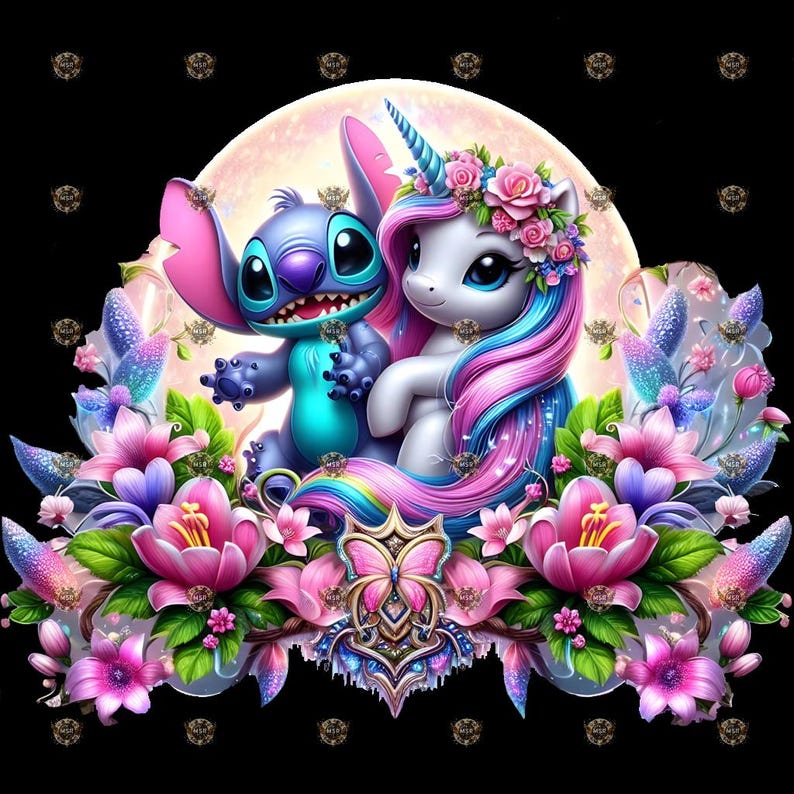 May include: A whimsical illustration featuring a blue alien-like character and a unicorn with a floral crown, set against a full moon. The image is surrounded by vibrant pink and purple flowers, butterflies, and decorative elements on a black background.
