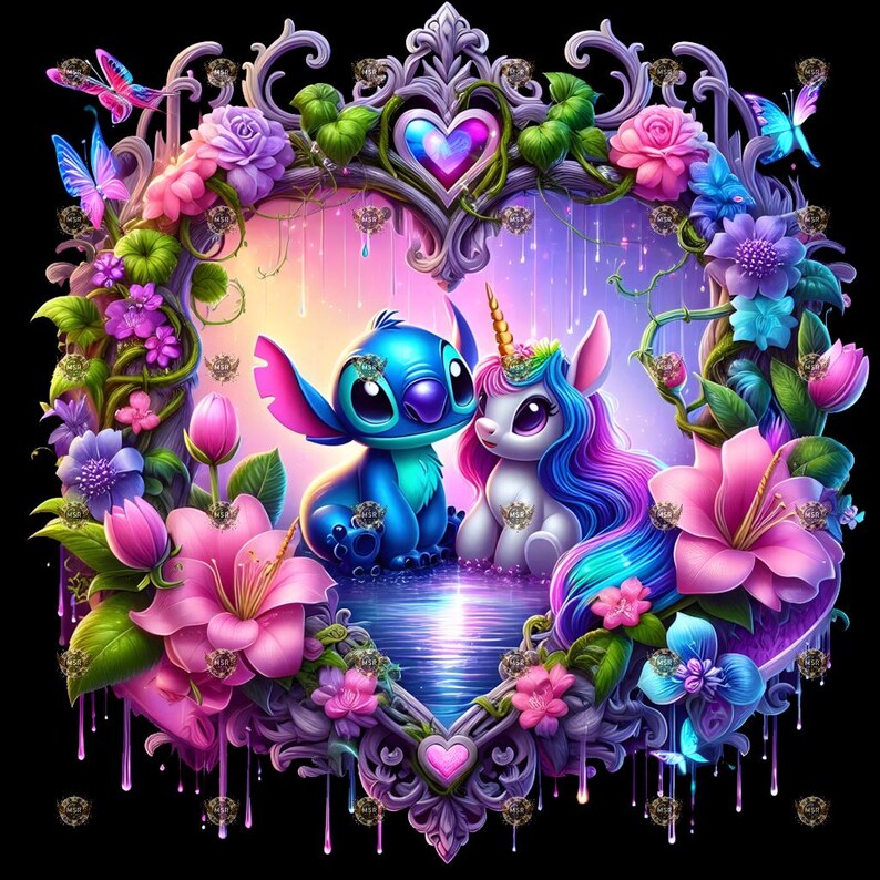 May include: A vibrant digital illustration featuring a blue alien and a unicorn with a rainbow mane, set within a heart-shaped frame. The frame is adorned with pink, purple, and blue flowers, butterflies, and decorative elements. The background transitions from pink to purple.