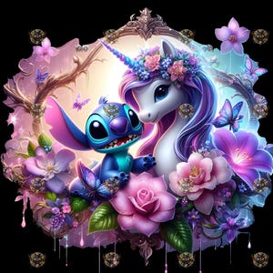May include: A whimsical illustration features a blue cartoon character and a white unicorn with a floral crown, surrounded by pink and purple flowers, butterflies, and a decorative frame. The artwork has a fantasy theme.