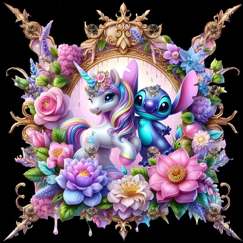 May include: A digital illustration featuring a unicorn and a blue alien character surrounded by colorful flowers. The unicorn has a rainbow mane and a floral crown. The image is framed by a gold ornate border and set against a black background.