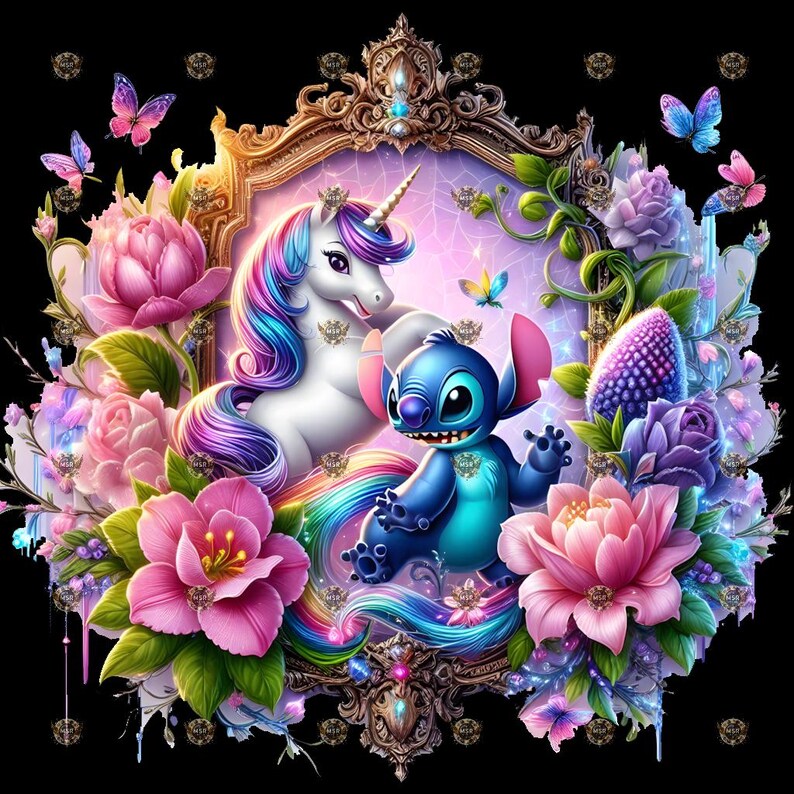 May include: A whimsical illustration featuring a unicorn with a rainbow mane and Stitch from Lilo & Stitch, framed by a gold ornate border. The image is surrounded by pink and purple flowers, butterflies, and decorative elements on a black background.