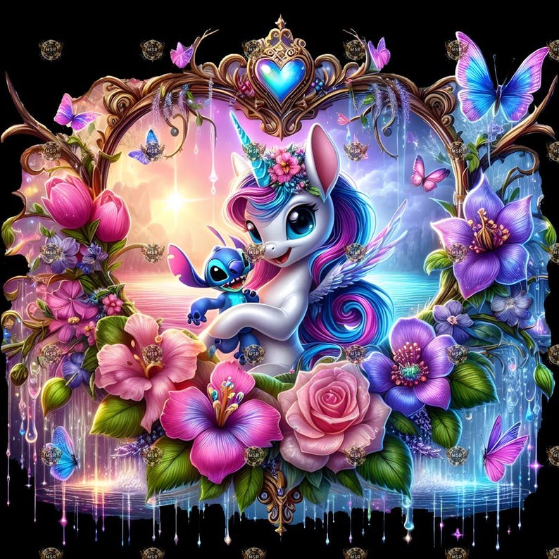 May include: A digital illustration of a unicorn with a blue and pink mane and a flower crown, holding a blue alien-like creature. The unicorn is surrounded by pink and purple flowers, butterflies, and a decorative frame with a heart.