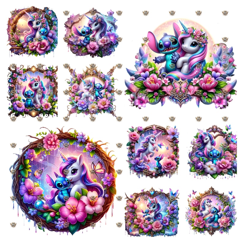 May include: A collection of colorful digital art featuring unicorns and a blue alien character, surrounded by vibrant flowers and butterflies. The designs are set in various frames and wreaths, with a fantasy theme.