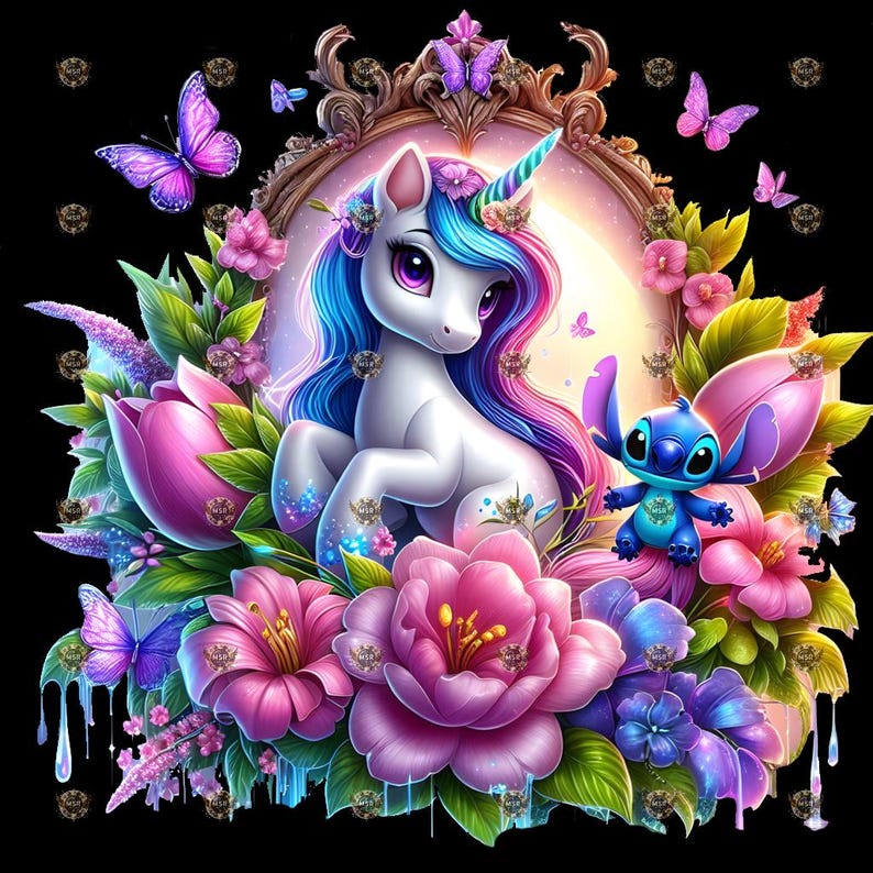 May include: A whimsical illustration features a white unicorn with a rainbow horn and flowing blue and pink mane, surrounded by vibrant pink and purple flowers, butterflies, and a blue cartoon character. The artwork is set against a black background.