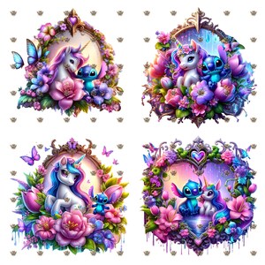 May include: Four whimsical illustrations featuring a unicorn and a blue alien-like creature surrounded by vibrant flowers and butterflies. Each design is framed within ornate, decorative borders, showcasing a fantasy theme with a soft, colorful palette.