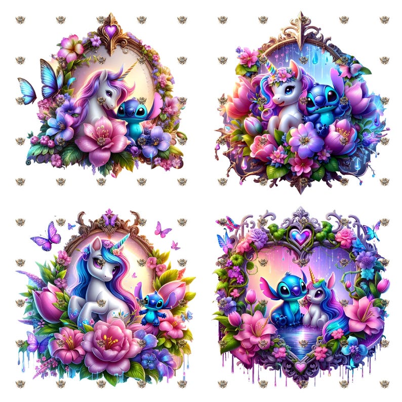 May include: Four whimsical illustrations featuring a unicorn and a blue alien-like creature surrounded by vibrant flowers and butterflies. Each design is framed within ornate, decorative borders, showcasing a fantasy theme with a soft, colorful palette.