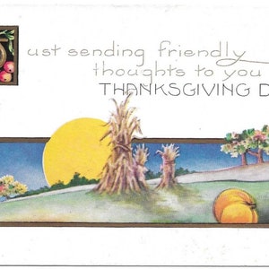 Friendly Thoughts Thanksgiving Day Vintage Postcard Farm Landscape Divided Back 1918 Excellent Condition