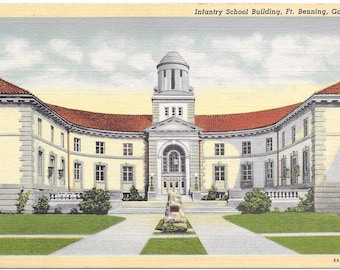 Vintage Fort Benning GA Infantry School Building Postcard Linen 1940