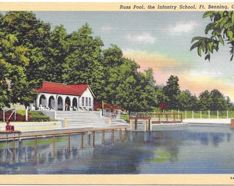Vintage Fort Benning GA Russ Pool Infantry School Postcard Linen 1940