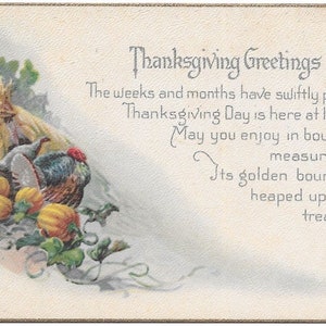Thanksgiving Greetings Vintage Early Divided Back Gold Border Turkey Pumpkins Cornstalks  Postcard 1918 Excellent Condition