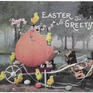 Easter Greetings Vintage Postcard Hen Chicks Eggs Pink Flowers Divided Back 1910 Excellent Condition