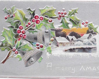 Embossed Silver Bells Christmas Postcard: Vintage 1910 Lakeside Scene