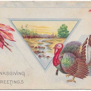 Thanksgiving Greetings Vintage Turkey Autumn Leaves Berries Early Divided Back Postcard 1918 Excellent Condition