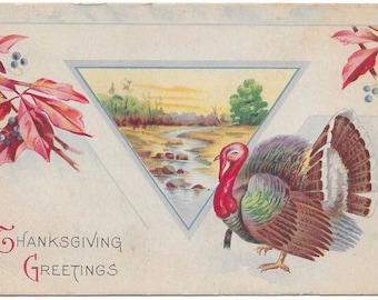 Vintage 1918 Thanksgiving Postcard: Turkey, Autumn Leaves, Country Scene