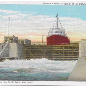 Vintage Michigan Linen White Border Postcard Steamer Farrell Sabin Lock 1930 Excellent Condition