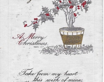 Embossed Christmas Postcard: Gold Silver Holly Tree, 1913