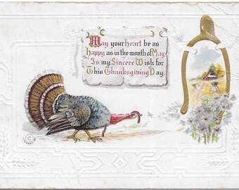 Vintage Embossed Thanksgiving Postcard: Turkey, Wishbone, 1911