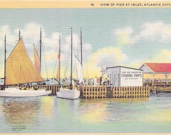 Vintage Atlantic City NJ Pier Postcard Linen White Border Postmarked 1945