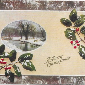 Merry Christmas Rustic Woodland Winter Landscape Holly Berries Divided Back 1915 Very Good Condition