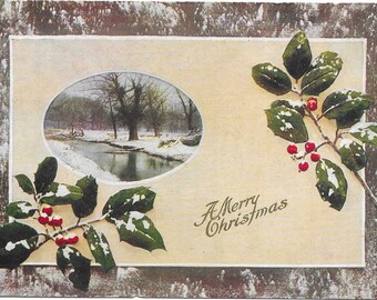 Merry Christmas Rustic Woodland Winter Landscape Holly Berries Divided Back 1915 Very Good Condition