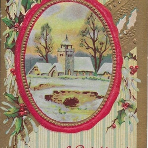 Bright Happy Christmas Church Winter Landscape Holly Mistletoe Divided Back 1910 Very Good Condition