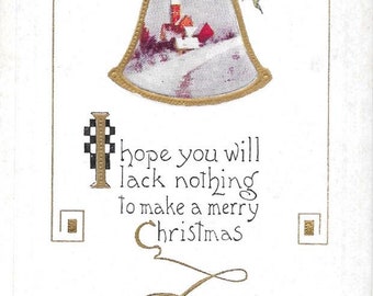 Vintage 1915 Christmas Postcard: Art Deco Bell, Fireplace Stockings