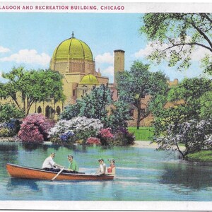 Vintage Illinois White Border Postcard Garfield Park Lagoon and Recreation Building Chicago 1925 Excellent Condition