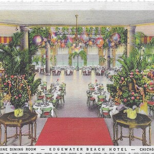 Vintage Illinois Linen White Border Postcard Marine Dining Room Edgewater Beach Hotel Chicago 1930 Excellent Condition