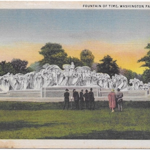 Vintage Illinois Linen White Border Postcard Fountain of Time Washington Park Chicago 1935 Excellent Condition