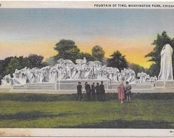 Vintage Fountain of Time Chicago Illinois Postcard 1935 White Border Linen