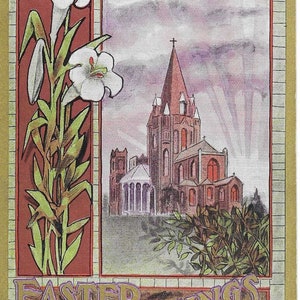 Easter Greetings Vintage Postcard Easter Lilies Church Cross Divided Back 1912 Excellent Condition