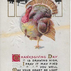 Thanksgiving Day Vintage Early Divided Back Embossed Colorful Turkey Postcard 1919 Excellent Condition