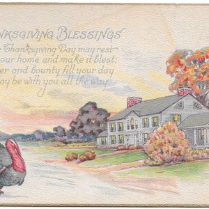 Thanksgiving Blessings Vintage Gold Border Turkey Farmhouse Postcard 1926 Excellent Condition