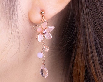 Cherry Blossom Tassel Earrings | Flower Crystal Dangle