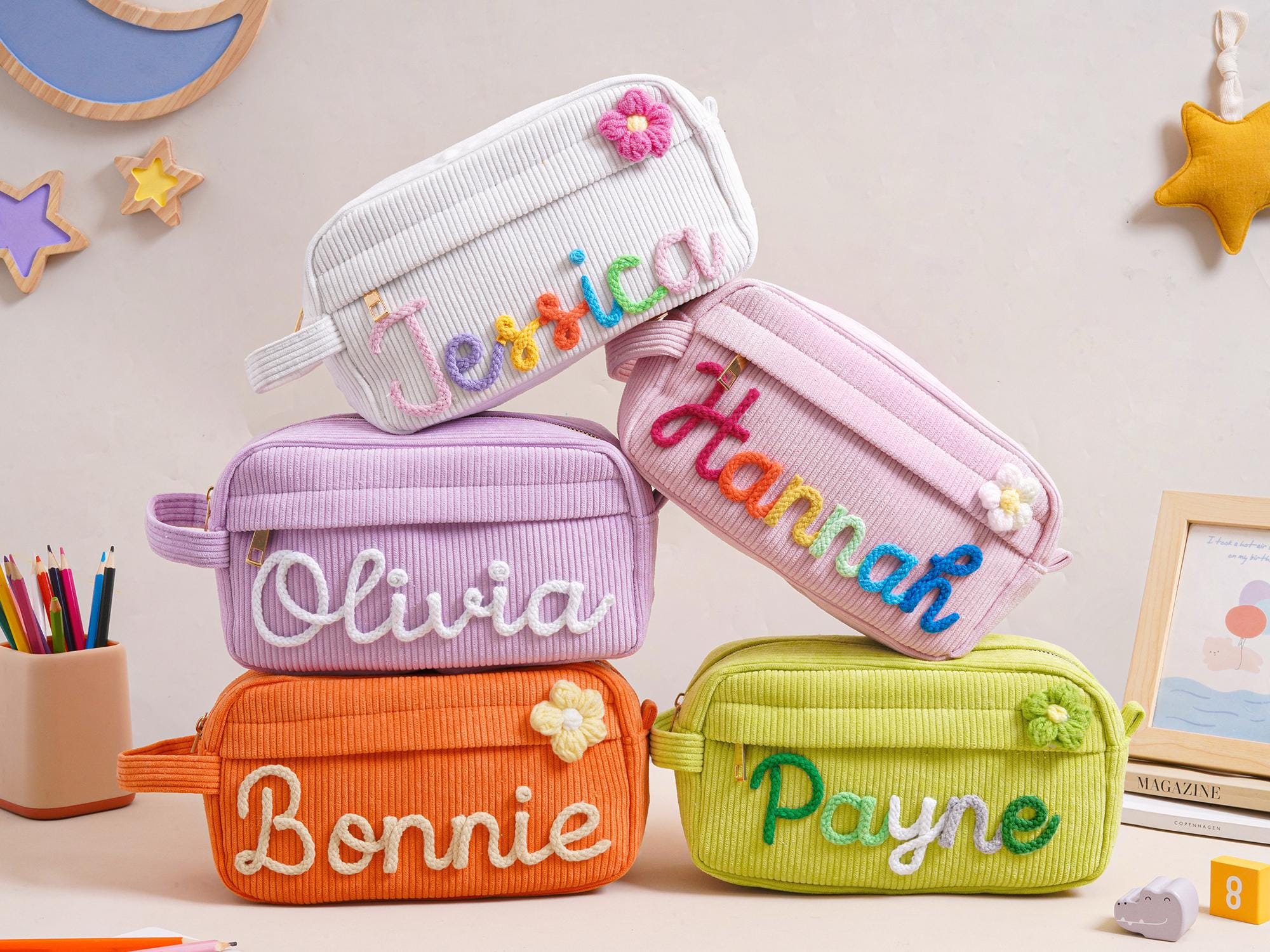 Personalized Corduroy Pencil Case, Custom Name Corduroy Pouch, Back to School Gift, Monogram Pencil Bag with Yarn Name, Gift for Kid