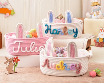 Personalized Handmade Easter Basket, Bunny Basket with Name, Easter Egg Hunt Basket, Spring Egg Hunt Bucket, Easter Gift for Kid