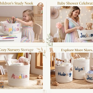 Puede incluir: Una colecci&oacute;n de cestas de almacenamiento de cuerda blanca enrollada con nombres personalizados en letras de fieltro de colores. Las cestas se muestran en varios entornos, incluyendo un rinc&oacute;n de estudio, un baby shower y una guarder&iacute;a.