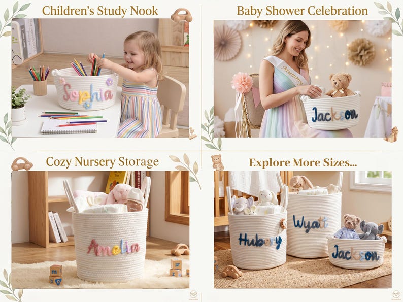 Puede incluir: Una colecci&oacute;n de cestas de almacenamiento de cuerda blanca enrollada con nombres personalizados en letras de fieltro de colores. Las cestas se muestran en varios entornos, incluyendo un rinc&oacute;n de estudio, un baby shower y una guarder&iacute;a.